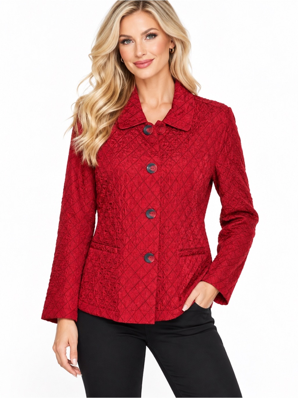 Napa Valley Women’s Medium Red Quilted Textured Button Front Jacket Blazer